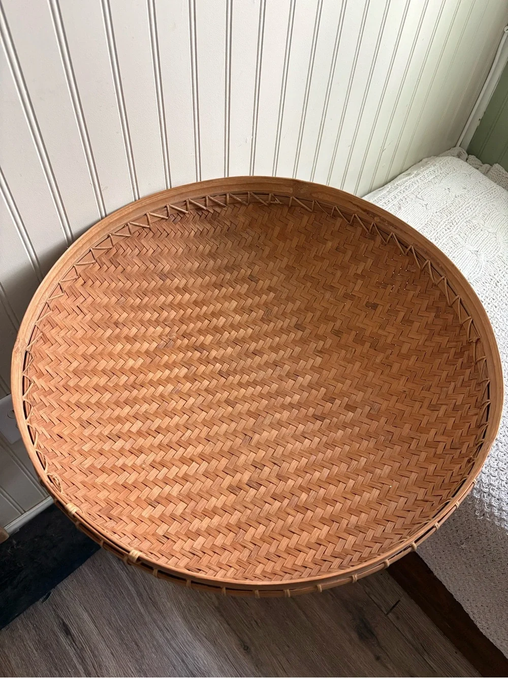 Vintage Large Woven Bamboo Asian Winnowing Basket Brown 20” Diameter Traditional